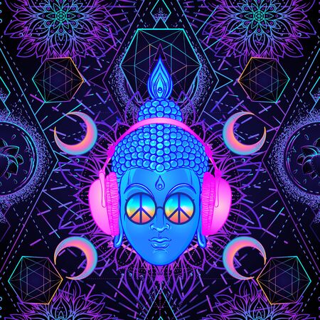Psychedelic seamless pattern with Buddha in headphones over sacred geometry. Vector illustration. Hippie peace sign on sunglasses. Psychedelic concept. Buddhism, trance music. Esoteric art.のイラスト素材