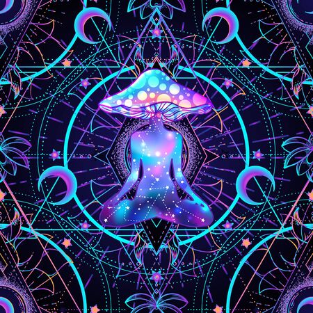 Psychedelic seamless pattern with magic mushrooms over sacred geometry. Vector repeating illustration. Psychedelic concept. Rave party, trance music. Esoteric art.のイラスト素材