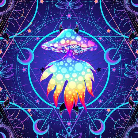 Psychedelic seamless pattern with magic mushrooms over sacred geometry. Vector repeating illustration. Psychedelic concept. Rave party, trance music. Esoteric art.のイラスト素材