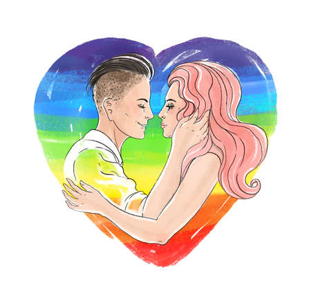 Love Wins. Romantic lesbian couple kissing. Sketchy watercolor illustration over heart shape isolated on white. Hand drawn artwork . Valentine's day card. LGBT rights concept. Two wonen.の写真素材
