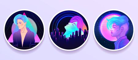 Futuristic synth wave style. Retroparty flyer template. Portrait of a young pretty androgynous woman with short shaved pixie undercut in retro futurism style. Vector illustration in neon bright colorの写真素材