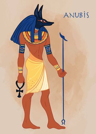Portrait of Anubis. in Ancient Egyptian, god of death, mummification, embalming, the afterlife, cemeteries, tombs, and the Underworld. Vector isolated illustration. A man with the head of a jackal or wolf.のイラスト素材