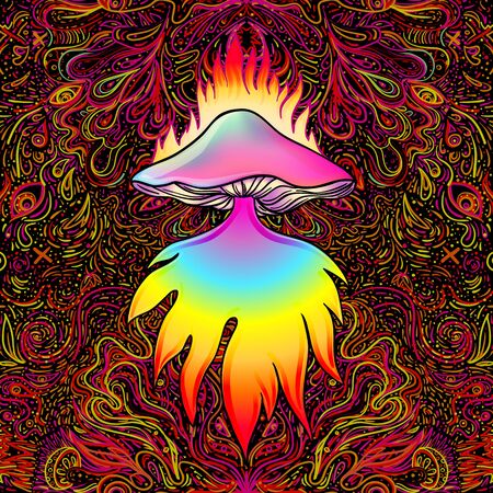 Magic mushrooms seamless pattern. Psychedelic hallucination. Vibrant vector illustration. 60s hippie colorful art.のイラスト素材