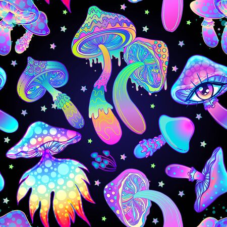 Magic mushrooms. Psychedelic hallucination. Vibrant vector illustration. 60s hippie colorful background, hippie and boho texture. Ttrippy wallpaper.のイラスト素材