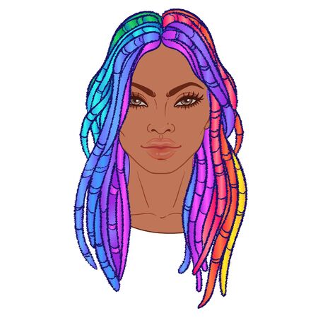 LGBT person with rainbow hair. African American lady with dreadlocks Gay Pride. LGBT concept. Isolated on white vector colorful illustration. Sticker, patch, t-shirt print, logo design.のイラスト素材