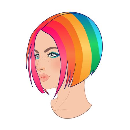 LGBT person with rainbow hair. Feminine girl or trans person. Gay Pride. LGBTQ concept. Isolated on white vector colorful illustration. Sticker, patch, t-shirt print, logo design.のイラスト素材