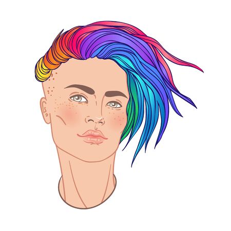 LGBT person with rainbow hair. Non binary caucasian person. Gay Pride. LGBTQ concept. Isolated on white vector colorful illustration. Sticker, patch, t-shirt print, logo design.のイラスト素材
