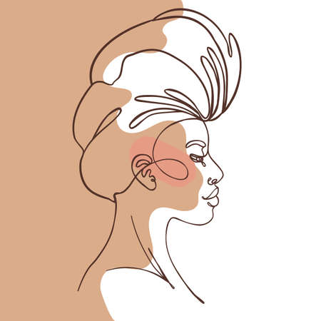Abstract portrait of young African American woman. Continuous one line drawing isolated on white. Vector illustration in simple modern style.のイラスト素材