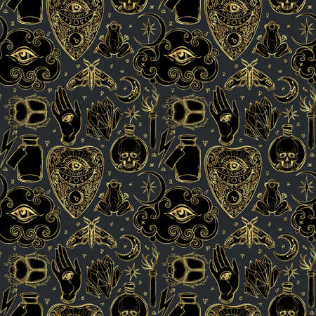 Mystic, magic, background. Religion and the occultism with esoteric and masonic symbols. Medieval manuscript inspired. Vector seamless pattern in retro style. Repeating Trendy stylish texture.のイラスト素材