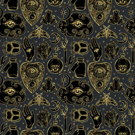 Mystic, magic, background. Religion and the occultism with esoteric and masonic symbols. Medieval manuscript inspired. Vector seamless pattern in retro style. Repeating Trendy stylish texture.のイラスト素材