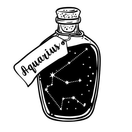 Glass Bottle with zodiac Aquarius constellation inside. Vector ink illustration. Doodle style sketch, Black and white drawing isolated. Design for coloring book page for adults and kids.のイラスト素材