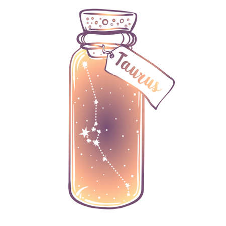 Glass Bottle with zodiac Taurus constellation inside. Vector ink illustration. Doodle style sketch, Color gradient drawing isolated on white.のイラスト素材