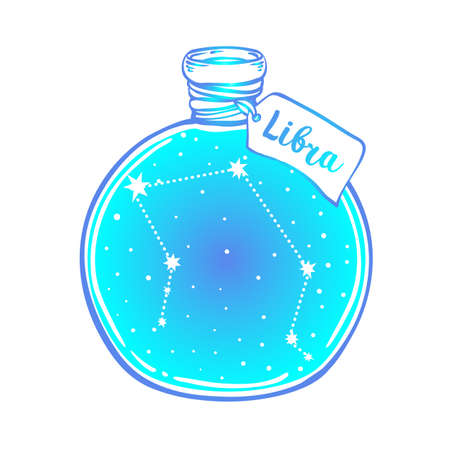 Glass Bottle with zodiac Libra constellation inside. Vector ink illustration. Doodle style sketch, Color gradient drawing isolated on white.のイラスト素材