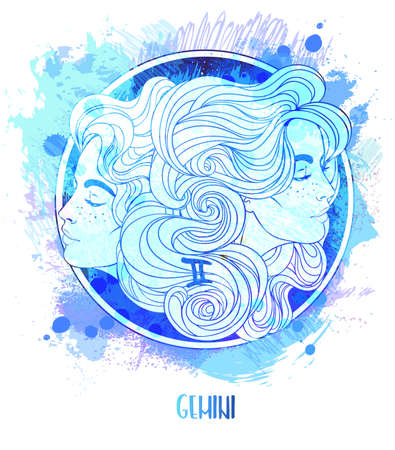 Watercolor drawing of Gemini astrological sign as a beautiful girl over paining. Zodiac vector illustration isolated on white. Future telling, horoscope, alchemy, fashion woman.の写真素材
