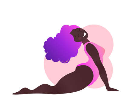 Plus size black curvy lady at yoga class. Vector illustration isolated on white. Online home workout. Body positive. Attractive African American woman. Upward-Facing Dog Pose, Urdhva Mukha Shvanasana.のイラスト素材