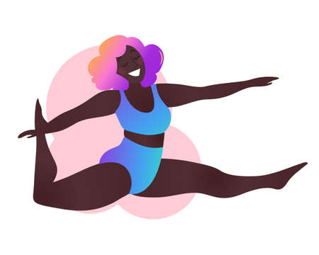 Plus size black curvy lady doing yoga class. Vector illustration isolated on white. Online home workout concept. Body positive. Attractive African American woman. Split, Monkey Pose or Hanumanasana.のイラスト素材