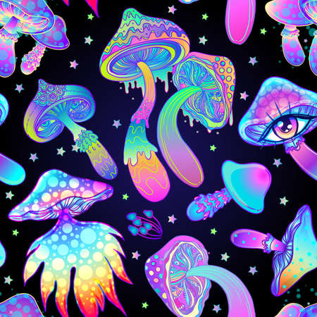 Magic mushrooms. Psychedelic hallucination. Vibrant vector
