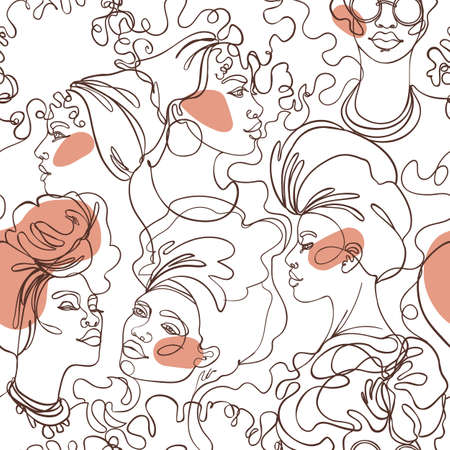 Abstract portrait of young two African American woman. Seamless pattern. Continuous one line drawing isolated on white. Vector illustration in simple modern style. Wallpaper, textile or wrapping paperのイラスト素材