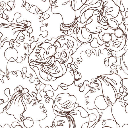 Abstract portrait of young two African American woman. Seamless pattern. Continuous one line drawing isolated on white. Vector illustration in simple modern style. Wallpaper, textile or wrapping paperのイラスト素材