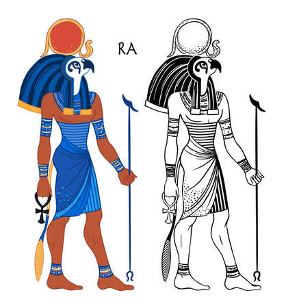 Portrait of Ra, Egyptian god of sun. Most important god in Ancient Egypt. Also known as Amun-Ra and Ra-Horakhty. Vector isolated illustration. Man with the head of a Hawk and the sun disk above him.のイラスト素材