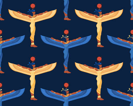 Isis, goddess of life and magic in Egyptian mythology. Seamless pattern. One of the greatest goddesses of Ancient Egypt, protects women, children, heals sick. Vector illustration. Winged woman.のイラスト素材