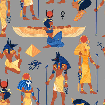 Ancient Egypt. Vintage seamless pattern with Egyptian gods and symbols. Retro hand drawn vector repeating illustration. Ra, Isis, Anubis, Sekhtmet, Cleopatra, pyramid.のイラスト素材