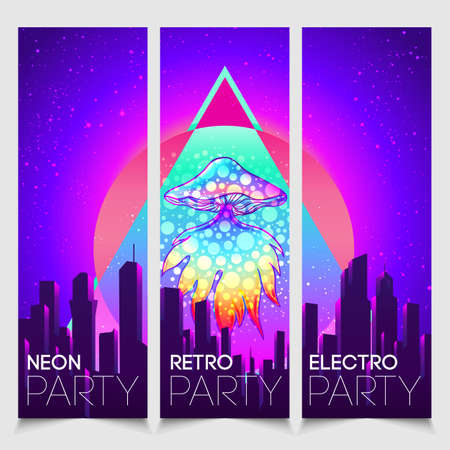 Retro futurism. Vintage 80s or 90s style background with magic mushrooms. Good design for textile t-shirt print design, flyer and poster. Futuristic illustration in bright neon colors.のイラスト素材