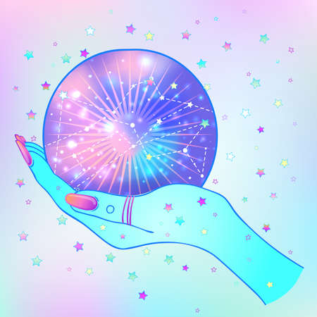 Female hand holding Magic Crystal Ball isolated on white. Creepy cute illustration. Gothic design, mystic magician symbol, pastel colors. Future telling, Halloween concept.のイラスト素材