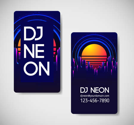 Rave party Flyer design template set in 1980s style. Retro Futurism. futuristic synth wave illustration. 80s Retro poster Background with Night City Skyline.のイラスト素材