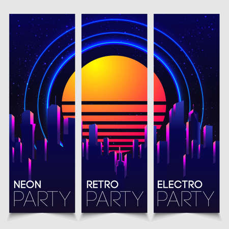 Rave party Flyer design template set in 1980s style. Retro Futurism. futuristic synth wave illustration. 80s Retro poster Background with Night City Skyline.のイラスト素材