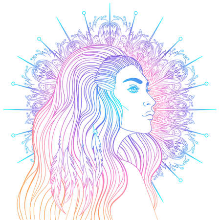 Isolated on white illustration of Native American Indian girl with feathers and dream catcher. Tribal Fusion Boho Diva.のイラスト素材