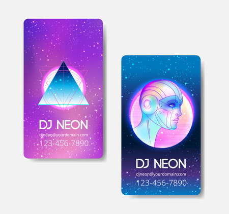 Portrait of robot woman in retro futurism style. illustration of a cyborg in glowing neon bright colors. futuristic synth wave flyer template. Cyber technology.のイラスト素材
