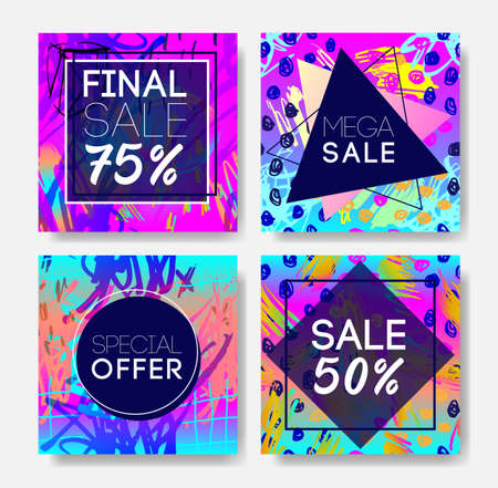 Sale coupon design template in 1980s style. Retro Futurism. futuristic synth wave illustration. 80s Retro poster Background with. Party Flyer.のイラスト素材