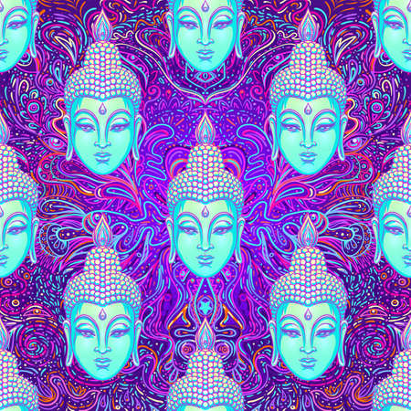 Sitting Buddha over colorful neon background. Seamless pattern. Psychedelic mushroom composition. Indian, Buddhism, Spiritual Tattoo, yoga, spirituality. 60s hippie colorful art.のイラスト素材