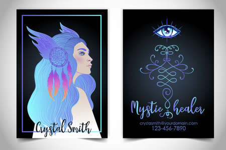Fortune teller, spiritual coach, mystic healer business card design template. Vector illustration. Magic woman.のイラスト素材