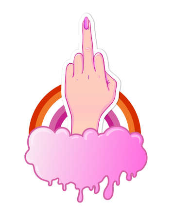 Lesbian community poster design. Striped fist rased up. Gay Pride. LGBTQ concept. Isolated vector colorful illustration. Sticker, patch, t-shirt print, greeting card, banner.のイラスト素材