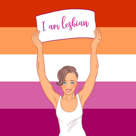 Love parade. Young female character holding banner. Lesbian community flag. Modern girl. LGBT community concept. Gay woman. Vector illustration. Design for banner, t-shirts, pins, stickersのイラスト素材