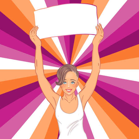 Love parade. Young female character holding banner. Lesbian community flag. Modern girl. LGBT community concept. Gay woman. Vector illustration. Design for banner, t-shirts, pins, stickersのイラスト素材