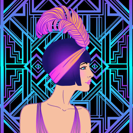 Female hand holding cocktail glass. Art deco (1920s style) vintage invitation template design for drink list, bar menu, glamour event, wedding, jazz party flyer. Vector illustration in neon colors.のイラスト素材