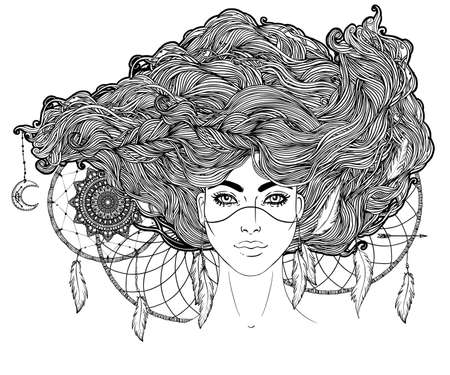 Isolated on white illustration of Native American Indian girl with feathers and dream catcher. Tribal Fusion Boho Diva. Coloring book page for adults.のイラスト素材