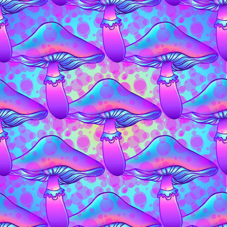 Magic mushrooms. Seamless pattern. Psychedelic hallucination. Vibrant vector illustration. 60s hippie colorful art. Hand drawn element in ethnic style. Spiritual background, wallpaper texture.のイラスト素材