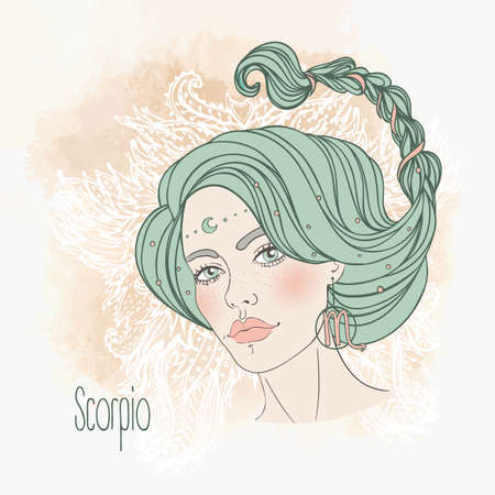 Zodiac Illustration of Scorpio zodiac sign as a beautiful girl. Vector zodiac illustration. Vintage boho style fashion illustration in pastel shades. Coloring book.のイラスト素材