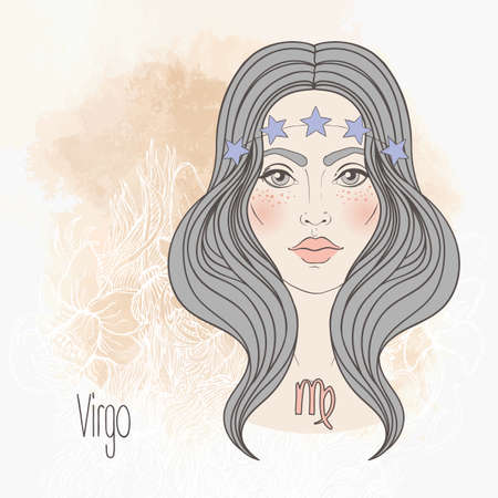 Zodiac illustration of Virgo zodiac sign as a beautiful girl. Vector art. Vintage zodiac boho style fashion illustration in pastel shades. Design for zodiac coloring book page for adults.のイラスト素材