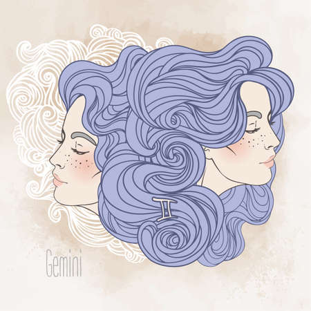 Zodiac sign Illustration of Gemini as a beautiful girl. Vector. Vintage boho style fashion illustration in pastel shades. Colorig book.のイラスト素材