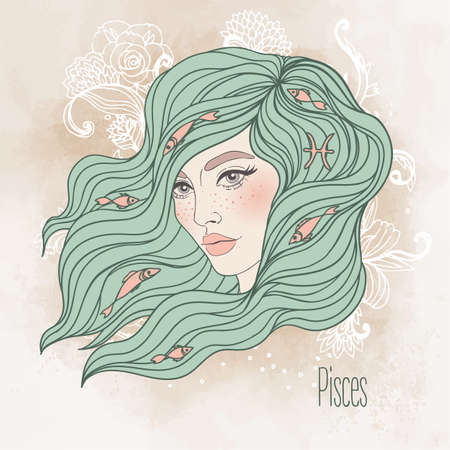 Zodiac Illustration of Pisces zodiac sign as a beautiful girl. Vector zodiac. Vintage boho style fashion illustration in pastel shades. Design for zodiac coloring book page for adults and kids.のイラスト素材