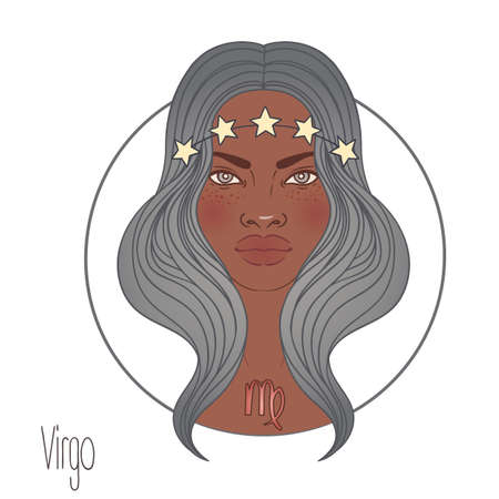 Illustration of Virgo astrological sign as a beautiful African American girl. Zodiac vector illustration isolated on white. Future telling, horoscope, alchemy, spirituality, fashion black woman.のイラスト素材