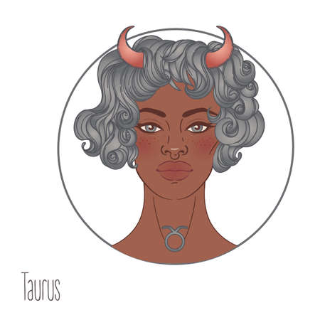 Illustration of Taurus astrological sign as a beautiful African American girl. Zodiac vector...