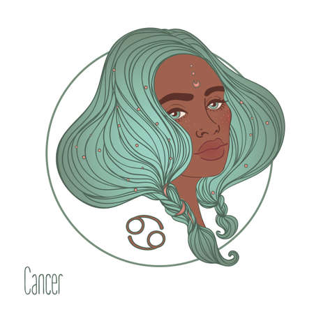 Illustration of Cancer astrological sign as a beautiful African American girl. Zodiac vector illustration isolated on white. Future telling, horoscope, alchemy, spirituality, fashion black woman.のイラスト素材