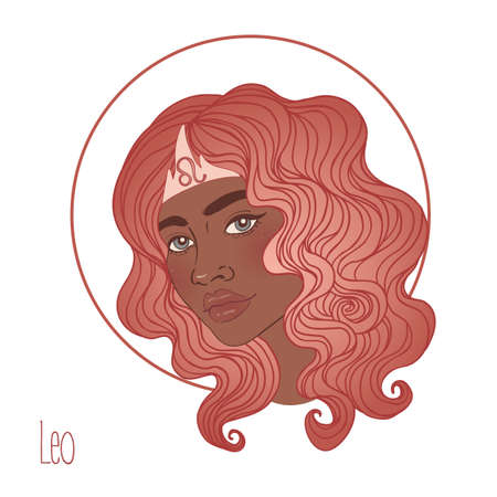 Illustration of Leo astrological sign as a beautiful African American girl. Zodiac vector illustration isolated on white. Future telling, horoscope, alchemy, spirituality, fashion black woman.のイラスト素材