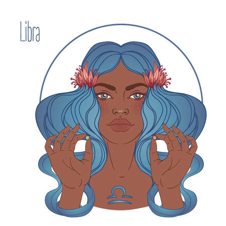 Illustration of Libra astrological sign as a beautiful African American girl. Zodiac vector illustration isolated on white. Future telling, horoscope, alchemy, spirituality, fashion black woman.のイラスト素材